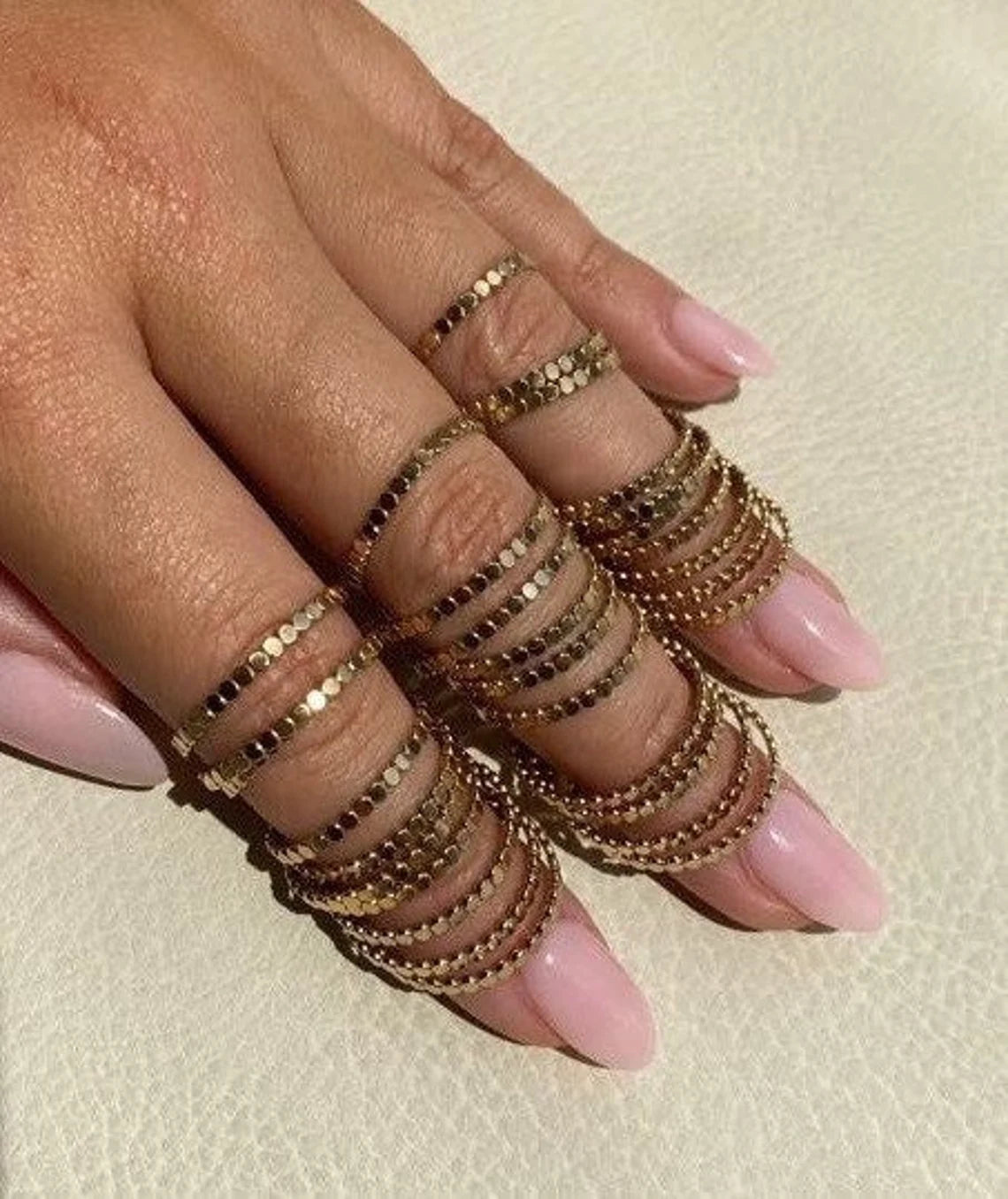 14K Gold Filled FLAT-Beaded Stack Ring |Dainty Layering Ring